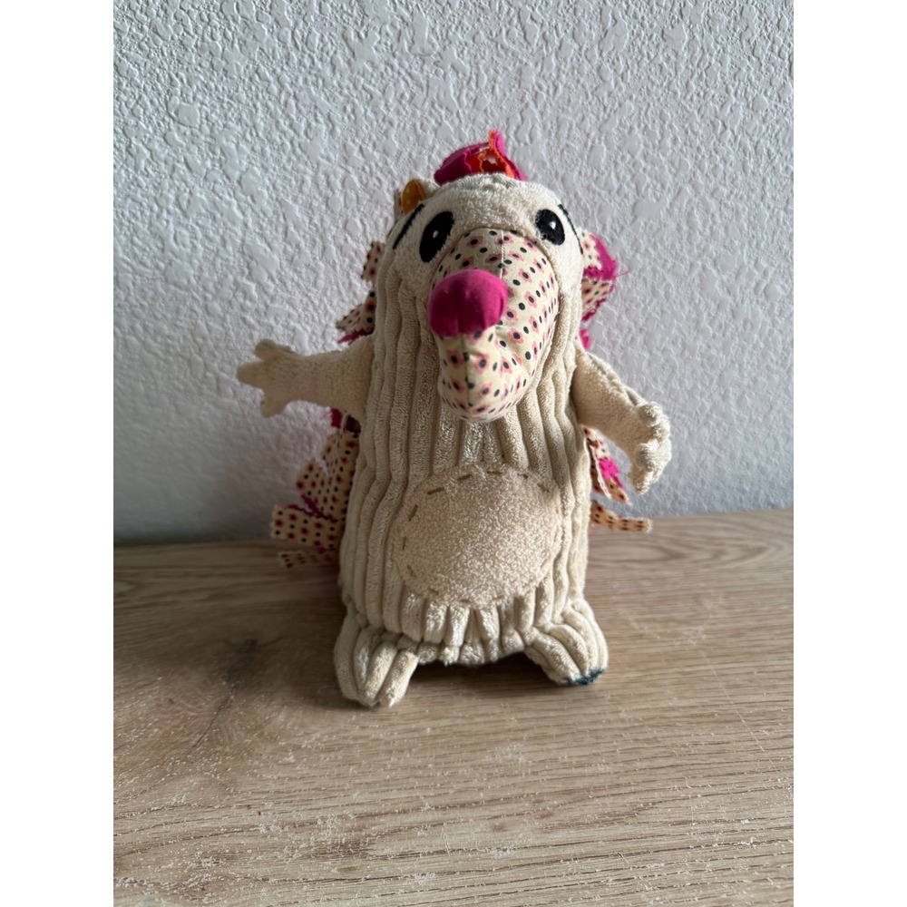 Les Deglingos Spiklos the Hedgehog Plush Tan Corduroy Colorful Fabric Scraps Toy